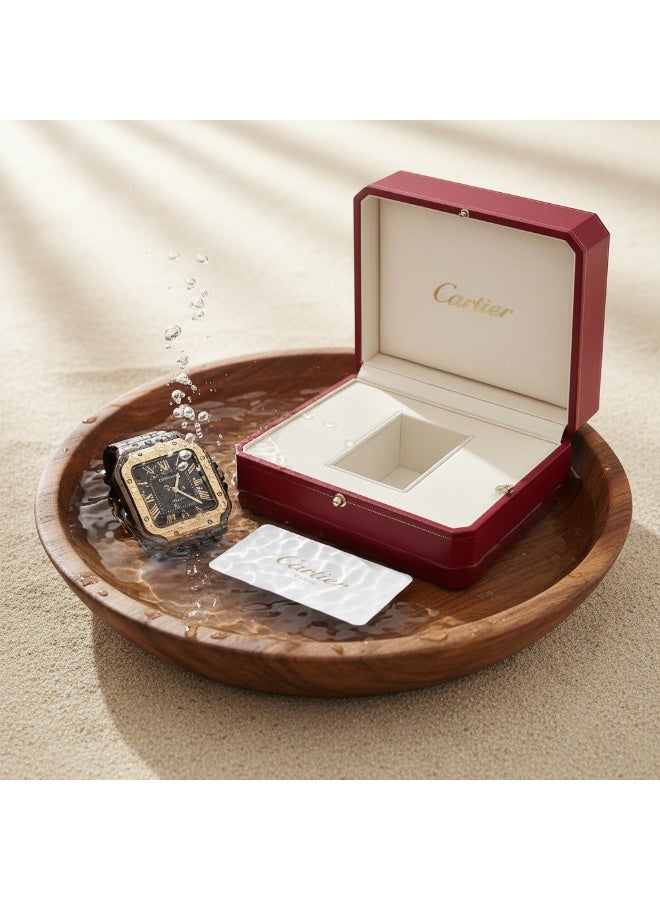 كارتييه ساعة كارتييه سانتوس أوتوماتيك رجالي – إطار ذهبي، ميناء أسود، سوار جلد بني - Image 3